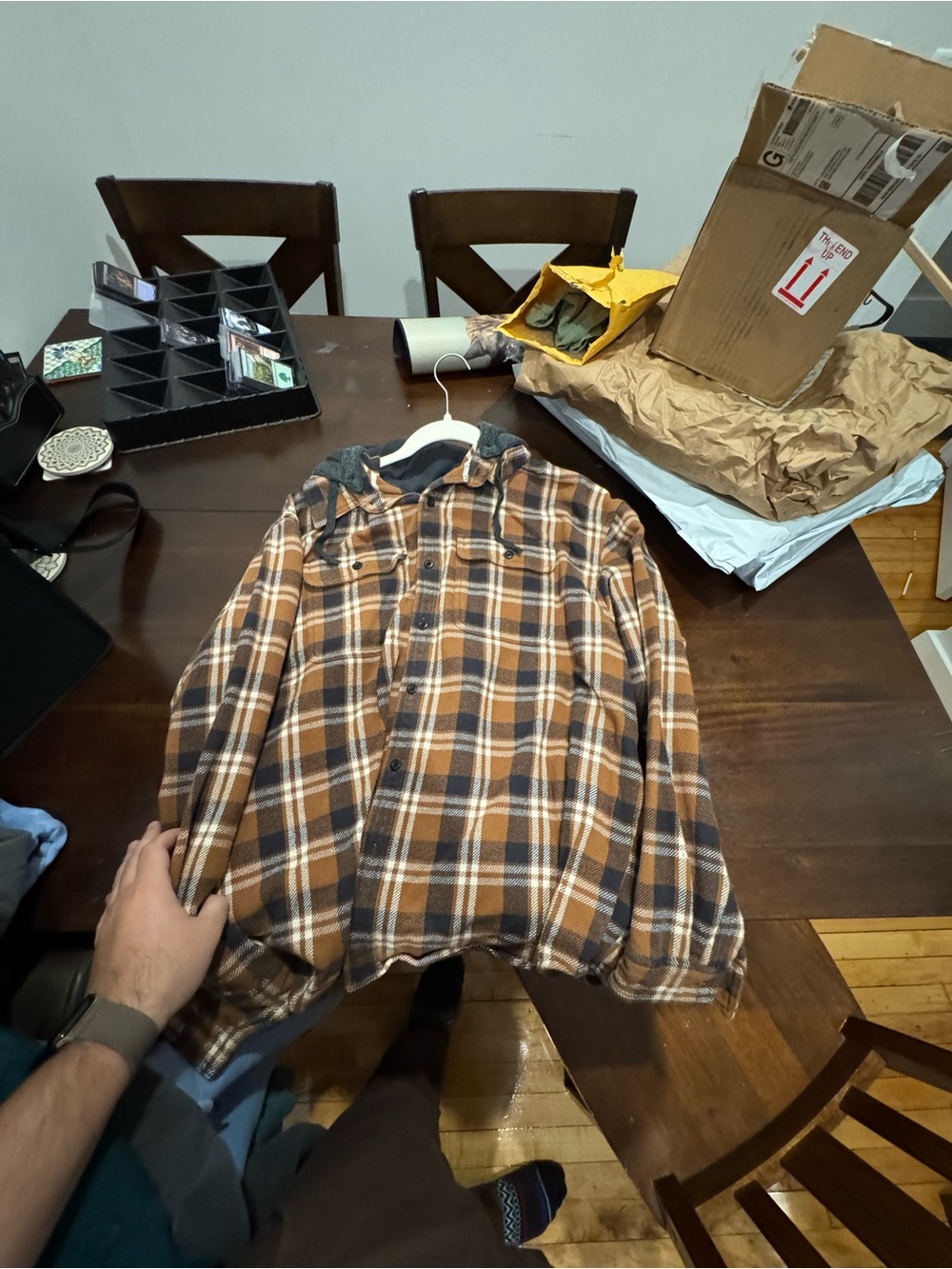 American Eagle Hooded Men's Plaid Flannel Shirt Jacket - Brown Plaid